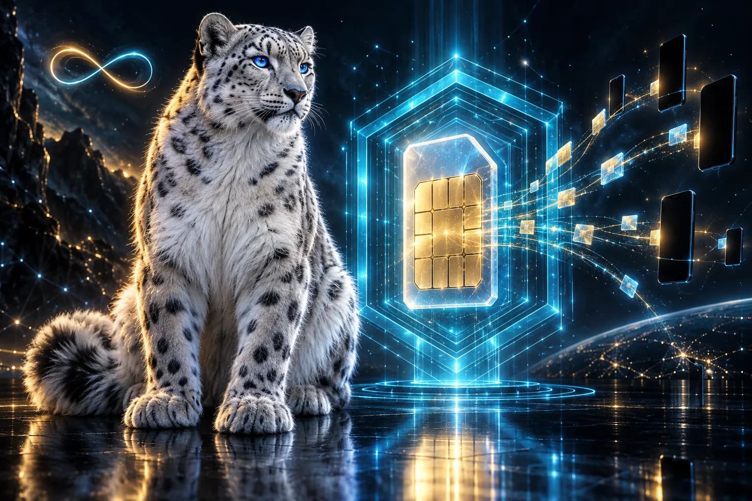 The BroadNet snow leopard guarding a glowing eSIM chip inside a security vault, profiles streaming to phones