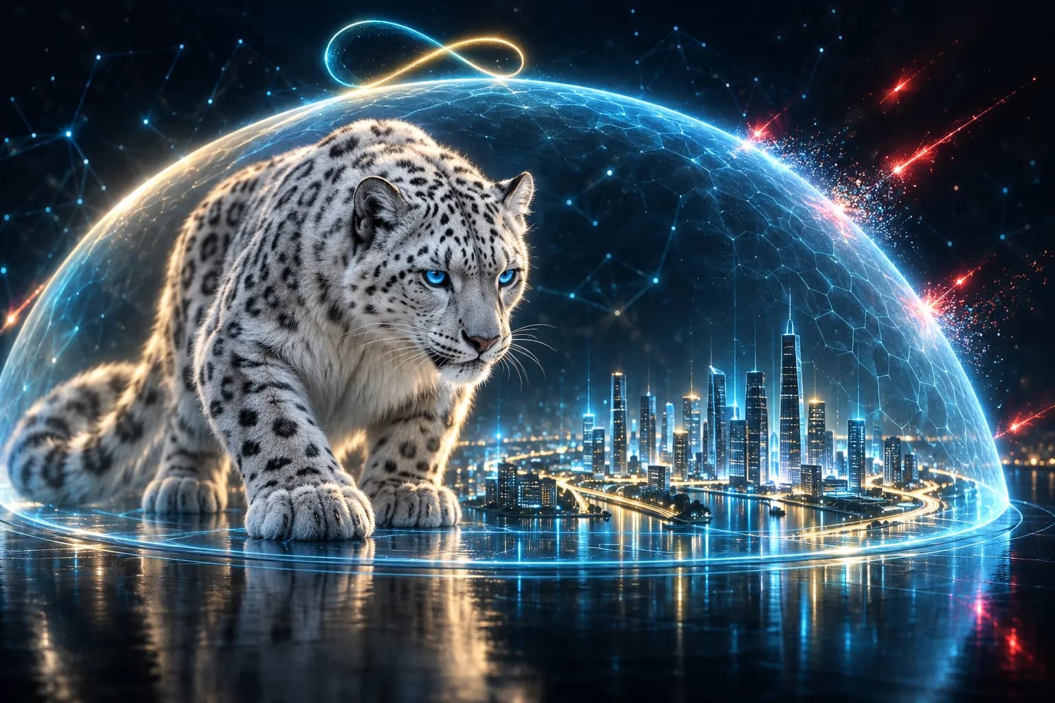 The BroadNet snow leopard inside a protective membrane catching threats that start inside the local network