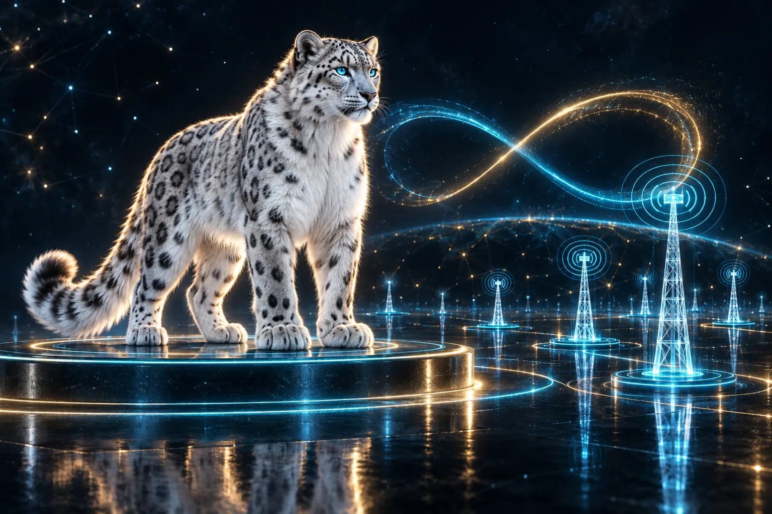 The BroadNet snow leopard on a launch platform as new cell towers switch on around it