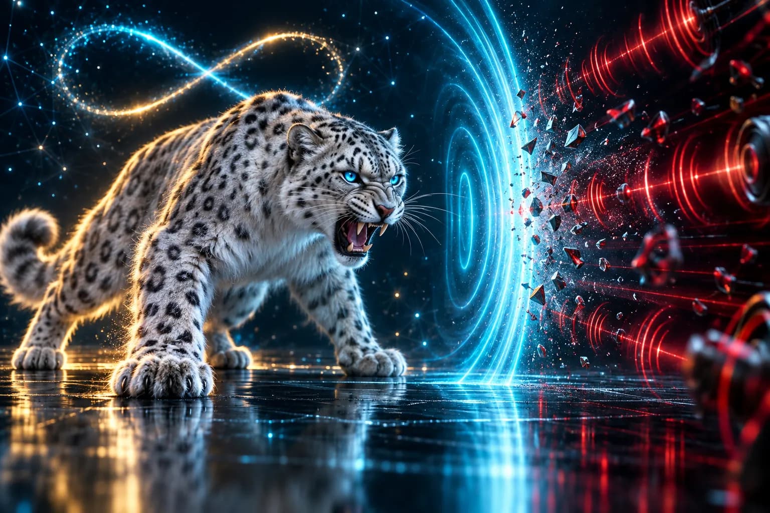音のシールドでロボコールの信号の波を打ち砕くBroadNetのユキヒョウ