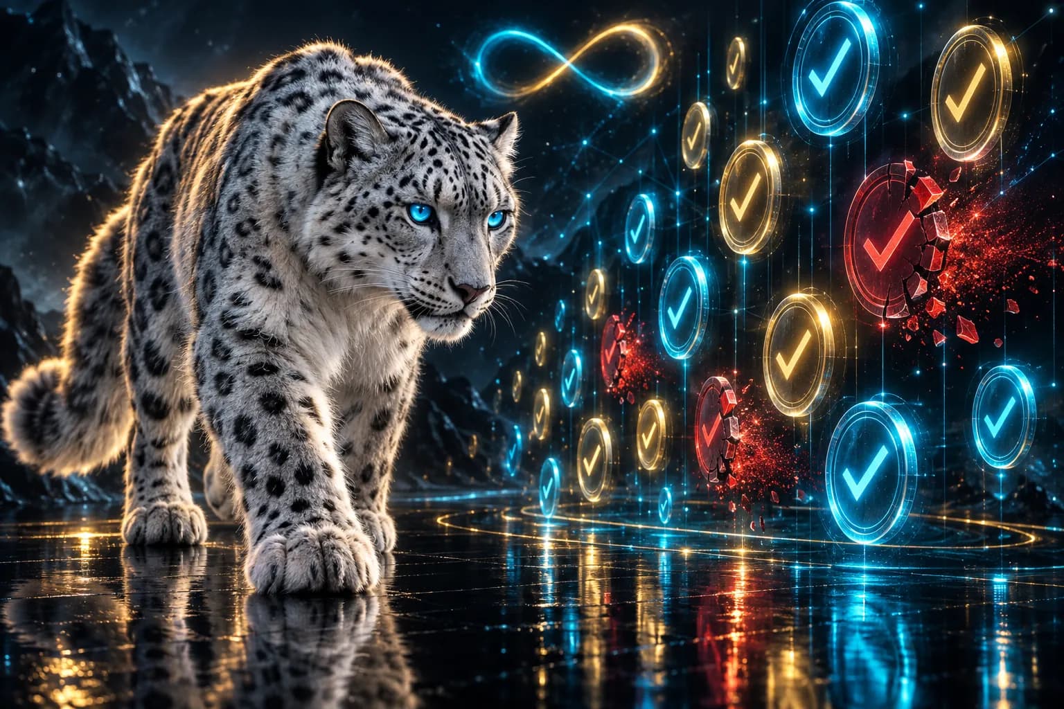 The BroadNet snow leopard before a wall of verified sender seals, rejected ones fading away