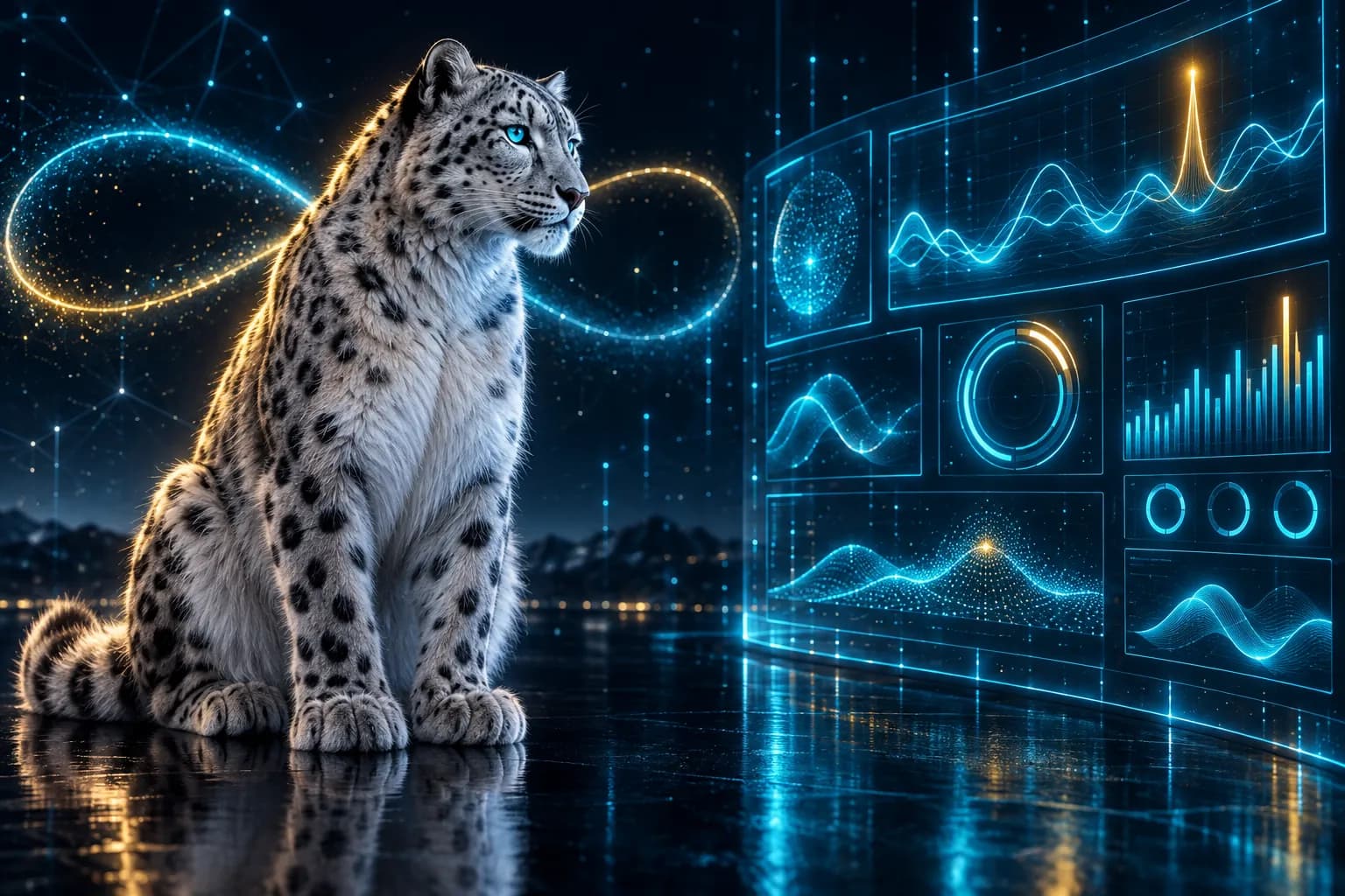 The BroadNet snow leopard watching a wall of live performance graphs with one anomaly highlighted