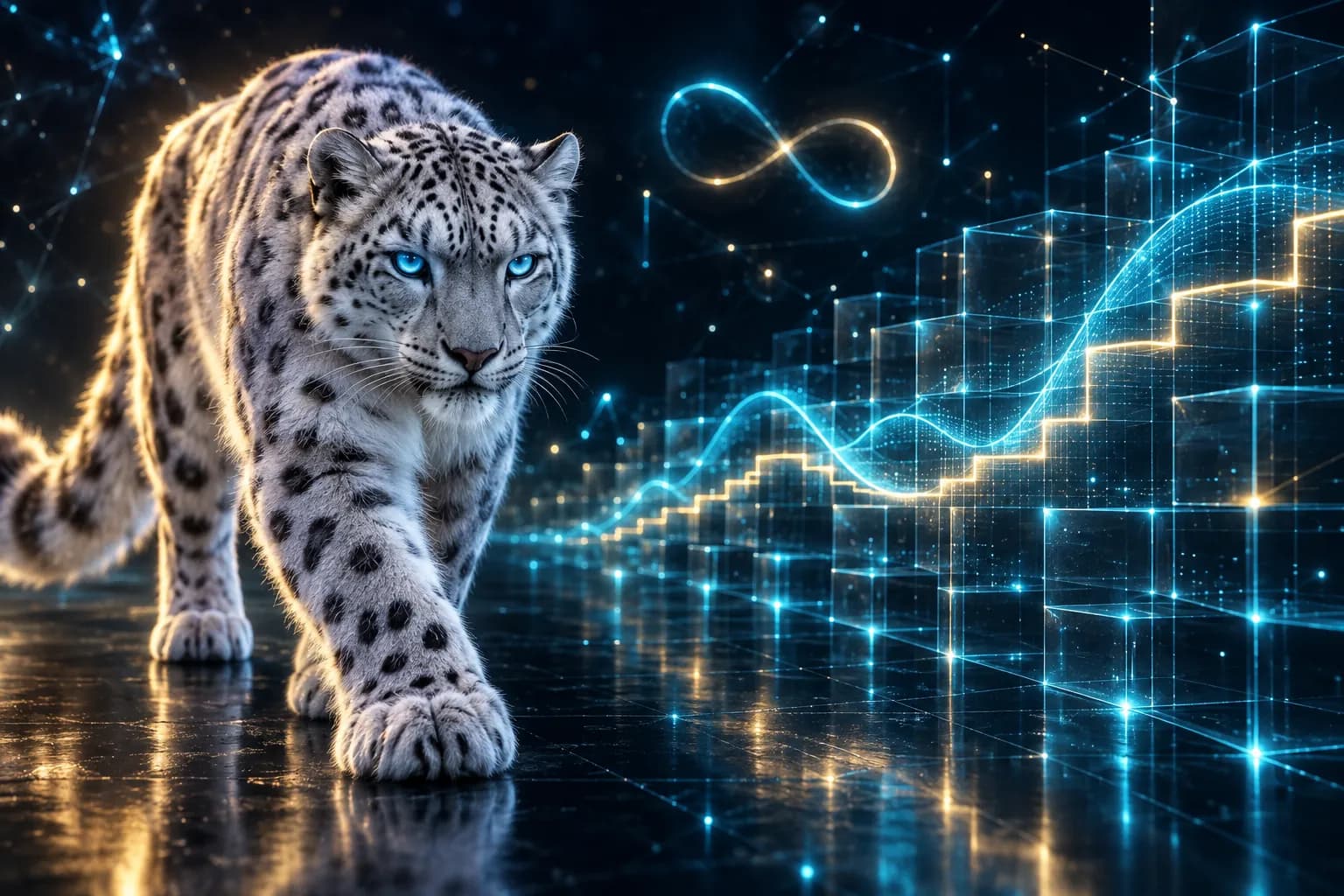 Macan tutul salju BroadNet yang berjalan melewati kisi-kisi hidup berisi kartu tarif dan kurva harga