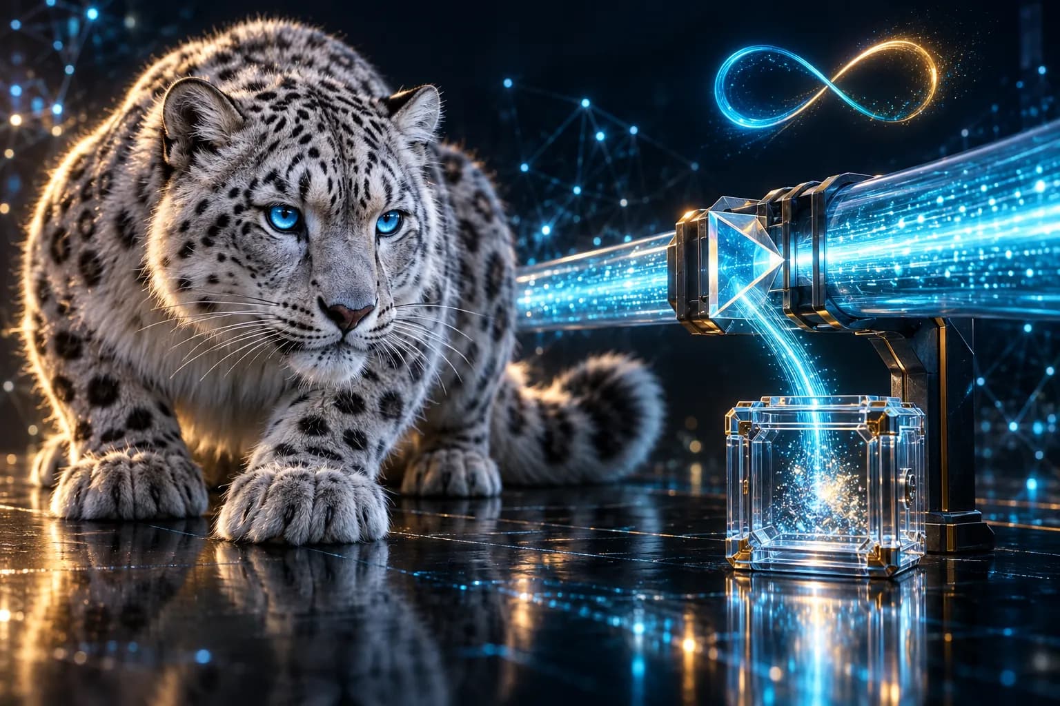 The BroadNet snow leopard beside a passive fibre tap copying traffic into a sealed evidence vault