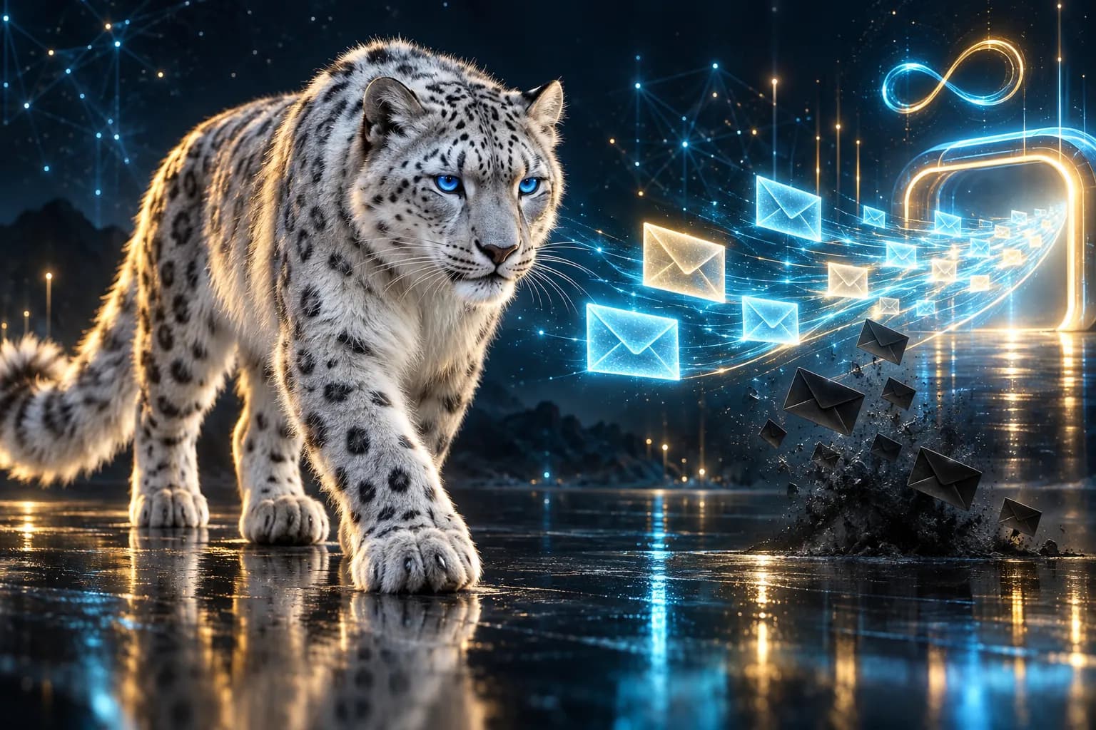 The BroadNet snow leopard beside a stream of glowing envelopes entering an inbox, spam falling away