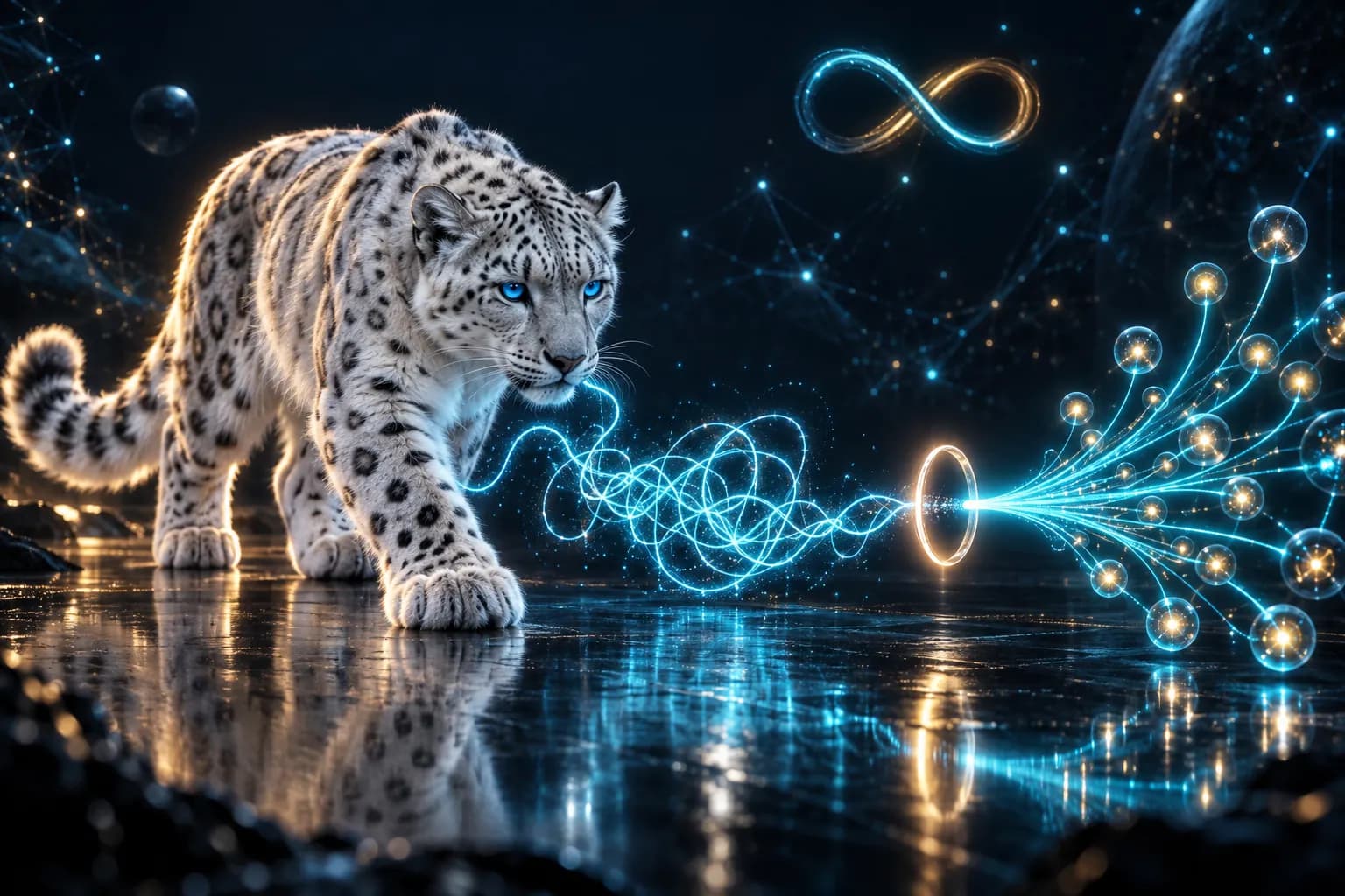 A long tangled thread of light passing through a ring and coming out as one short branded link
