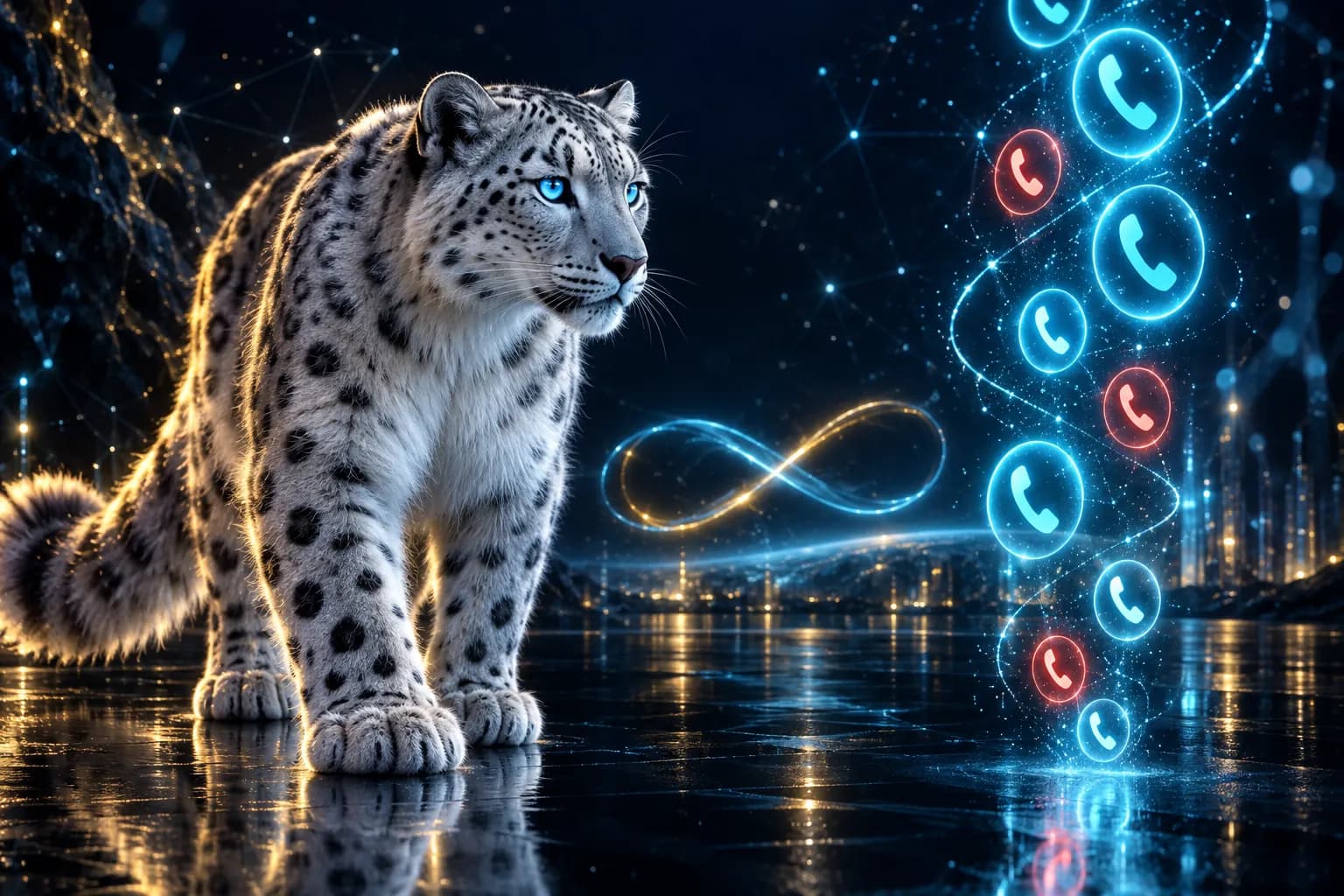 The BroadNet snow leopard screening a column of phone numbers — trusted numbers glow blue, risky ones red