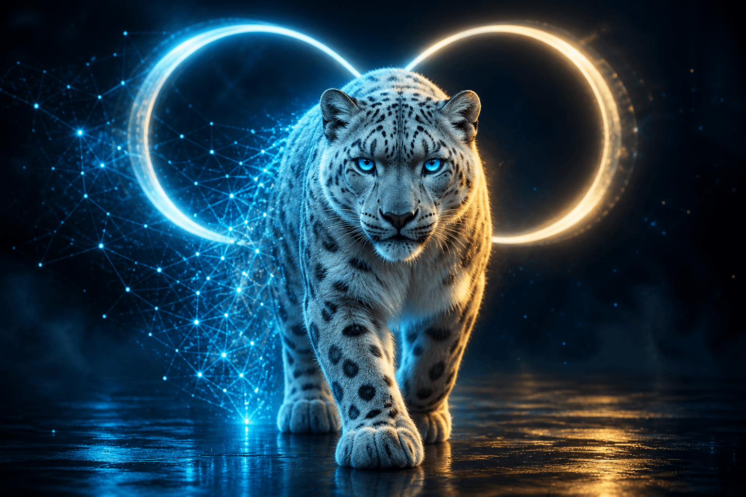 The BroadNet snow leopard framed by the glowing infinity loop
