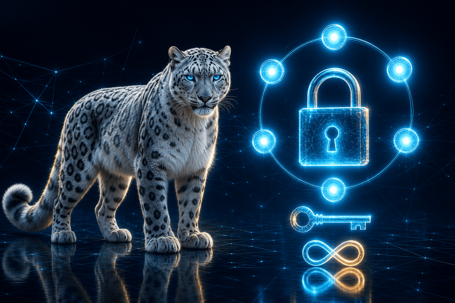 The BroadNet snow leopard guarding a glowing padlock and key — a one-time code delivered securely