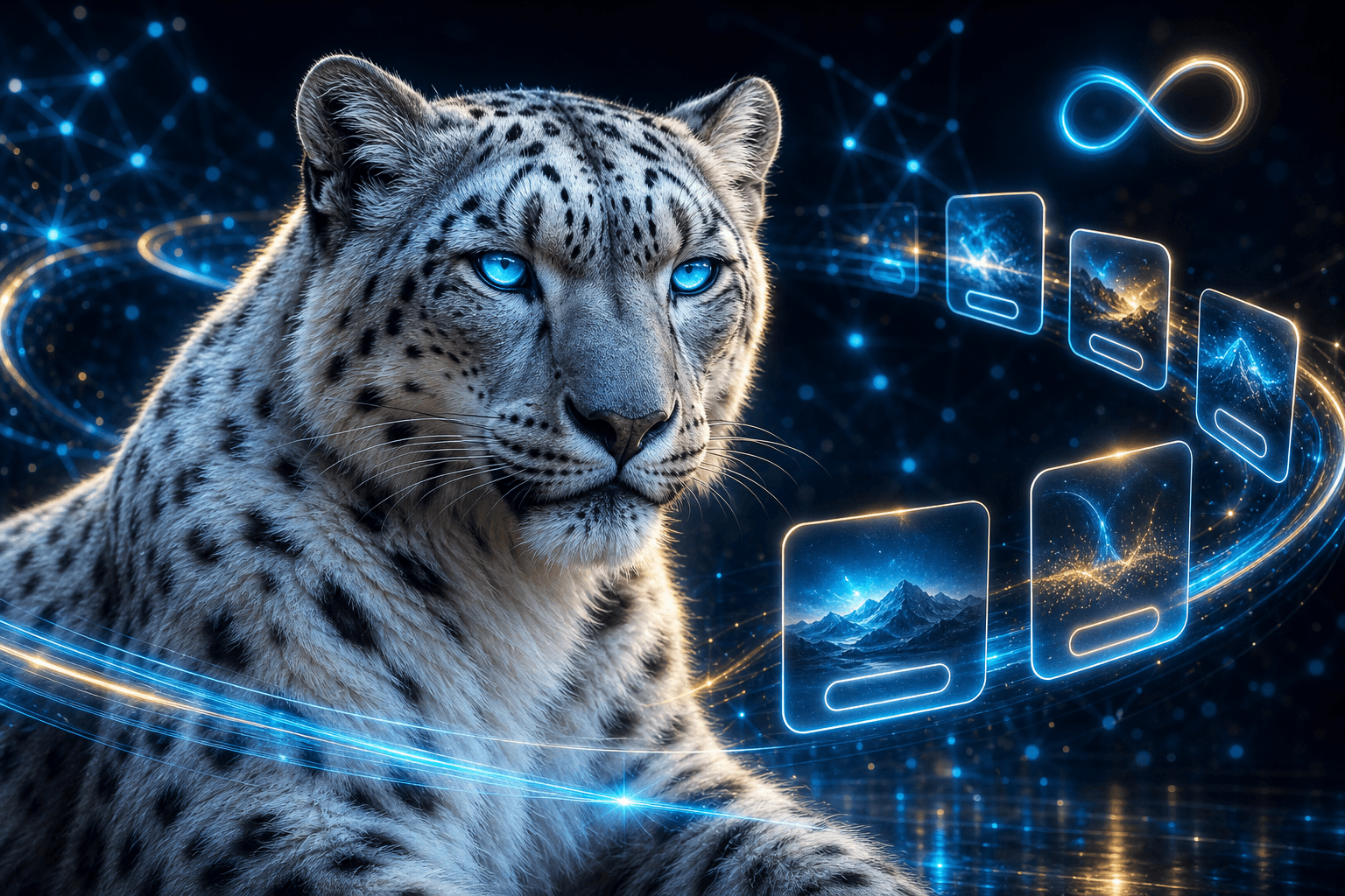 The BroadNet snow leopard beside rich branded message cards with images and buttons