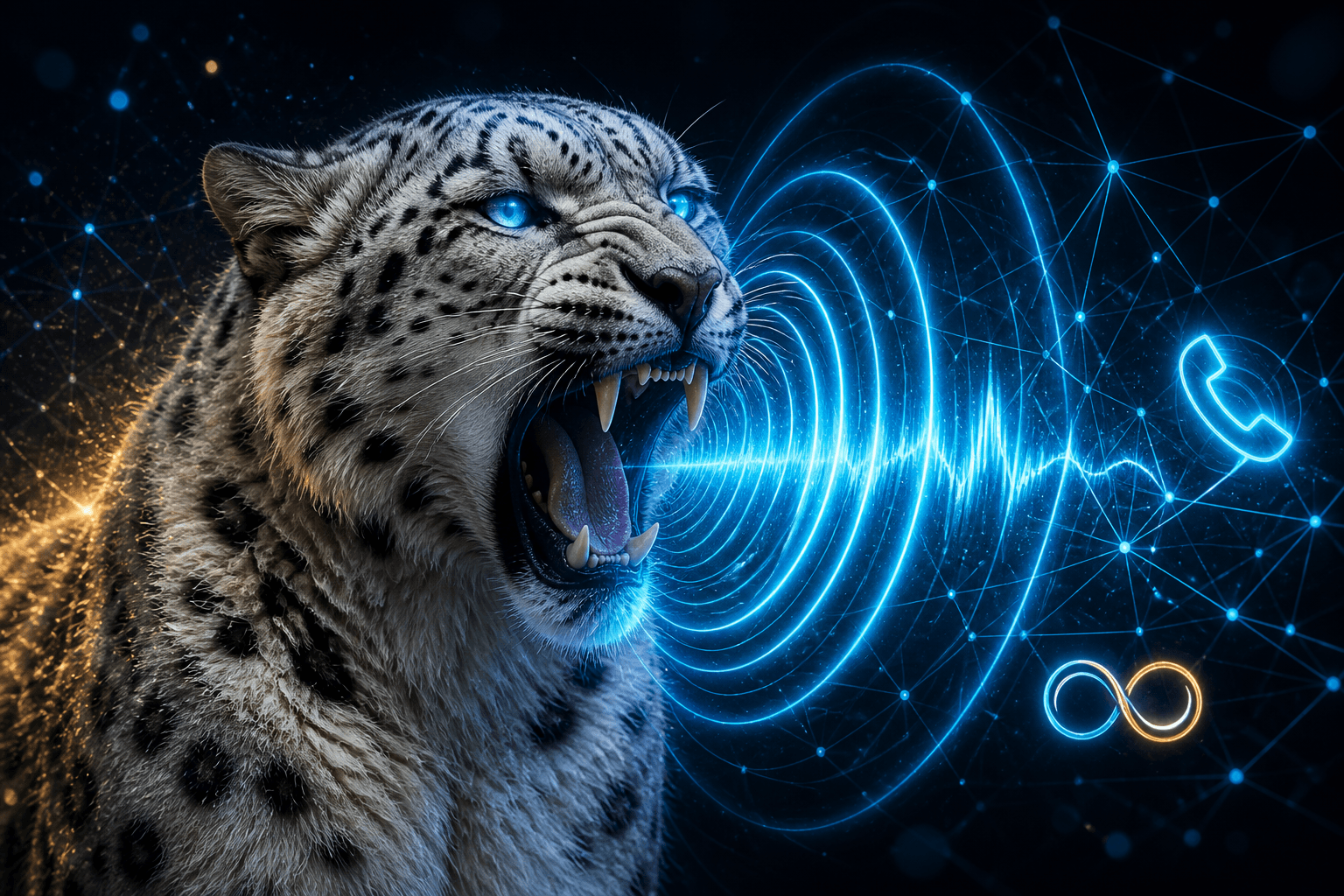 The BroadNet snow leopard roaring into a voice waveform — a call placed when SMS cannot get through
