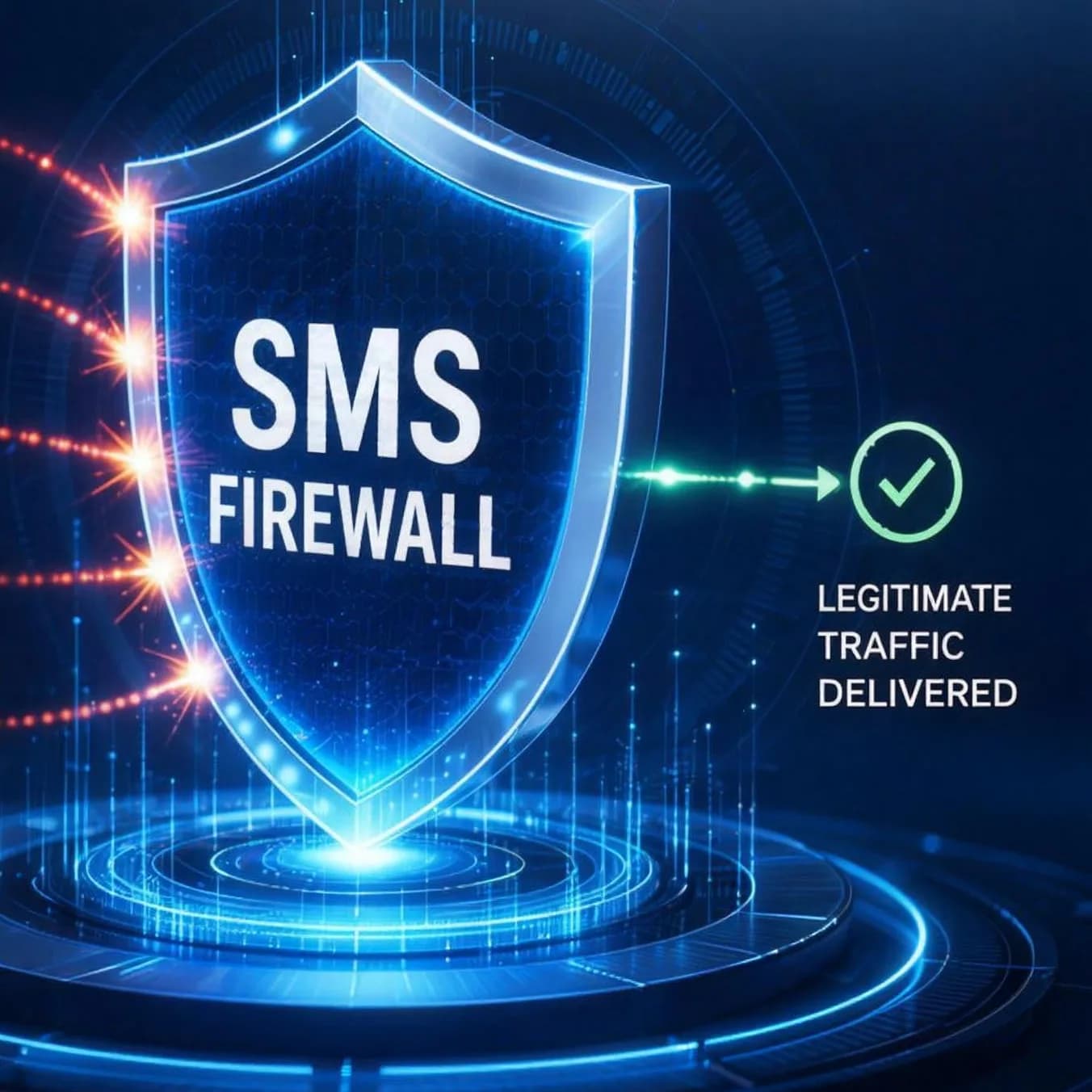 BroadNet SMS Firewall shield — fraudulent SMS blocked on the left, legitimate traffic delivered on the right