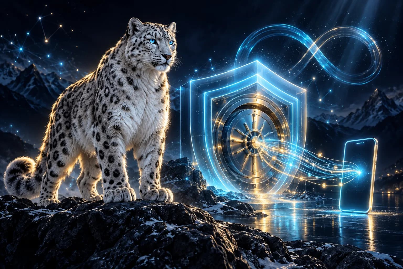 The BroadNet snow leopard guarding a vault of light as secure codes stream to a phone