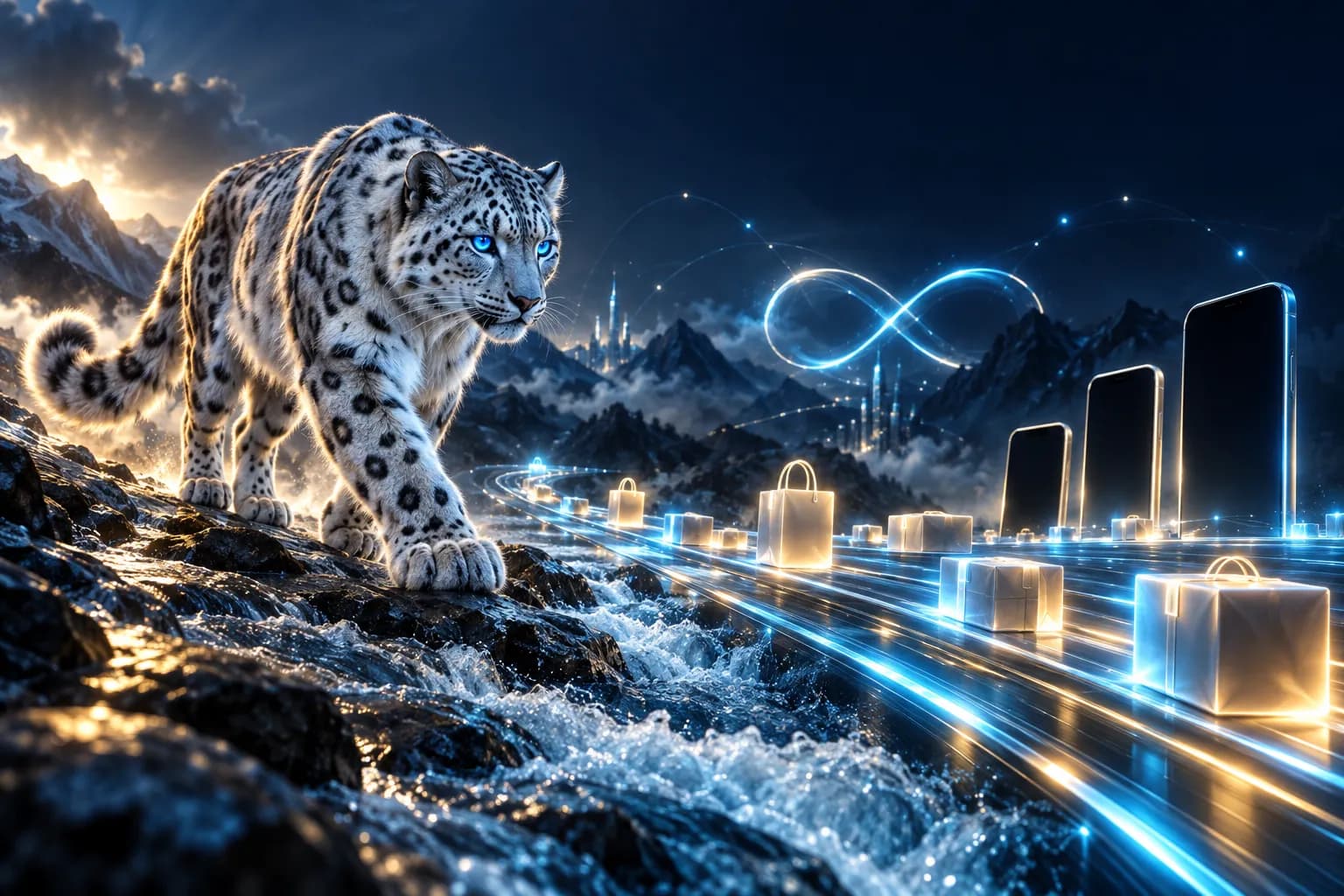 El leopardo de las nieves de BroadNet caminando junto a un flujo de paquetes brillantes que se dirigen a los teléfonos de los compradores
