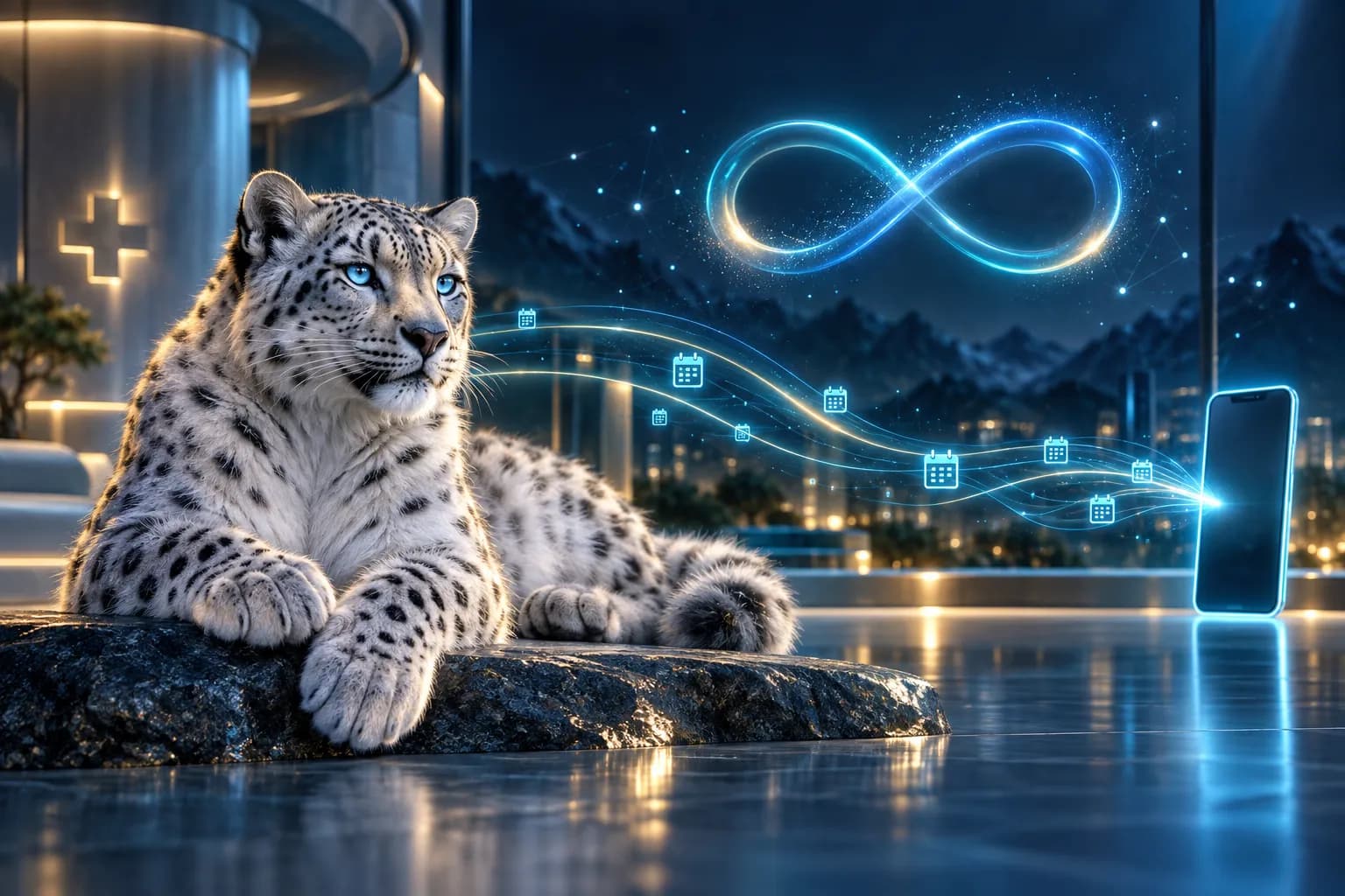 El leopardo de las nieves de BroadNet descansando junto a suaves pulsos de recordatorios de citas que fluyen hacia un teléfono