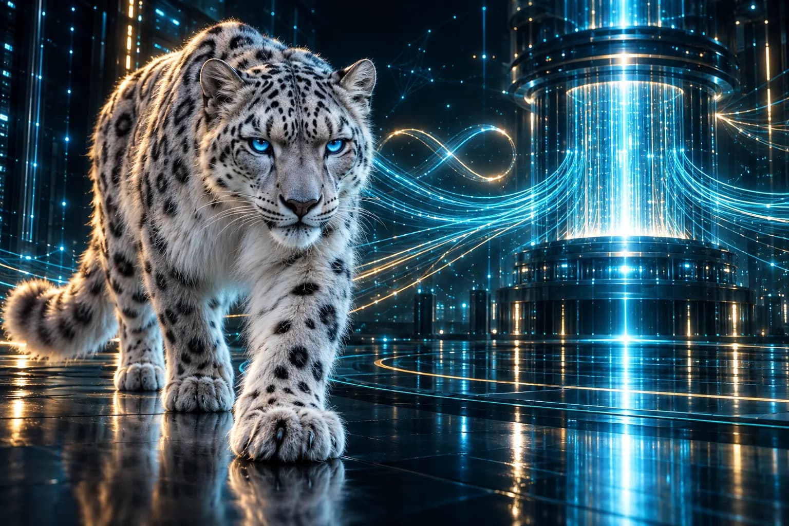 The BroadNet snow leopard beside a hosted messaging core where message streams converge and fan out