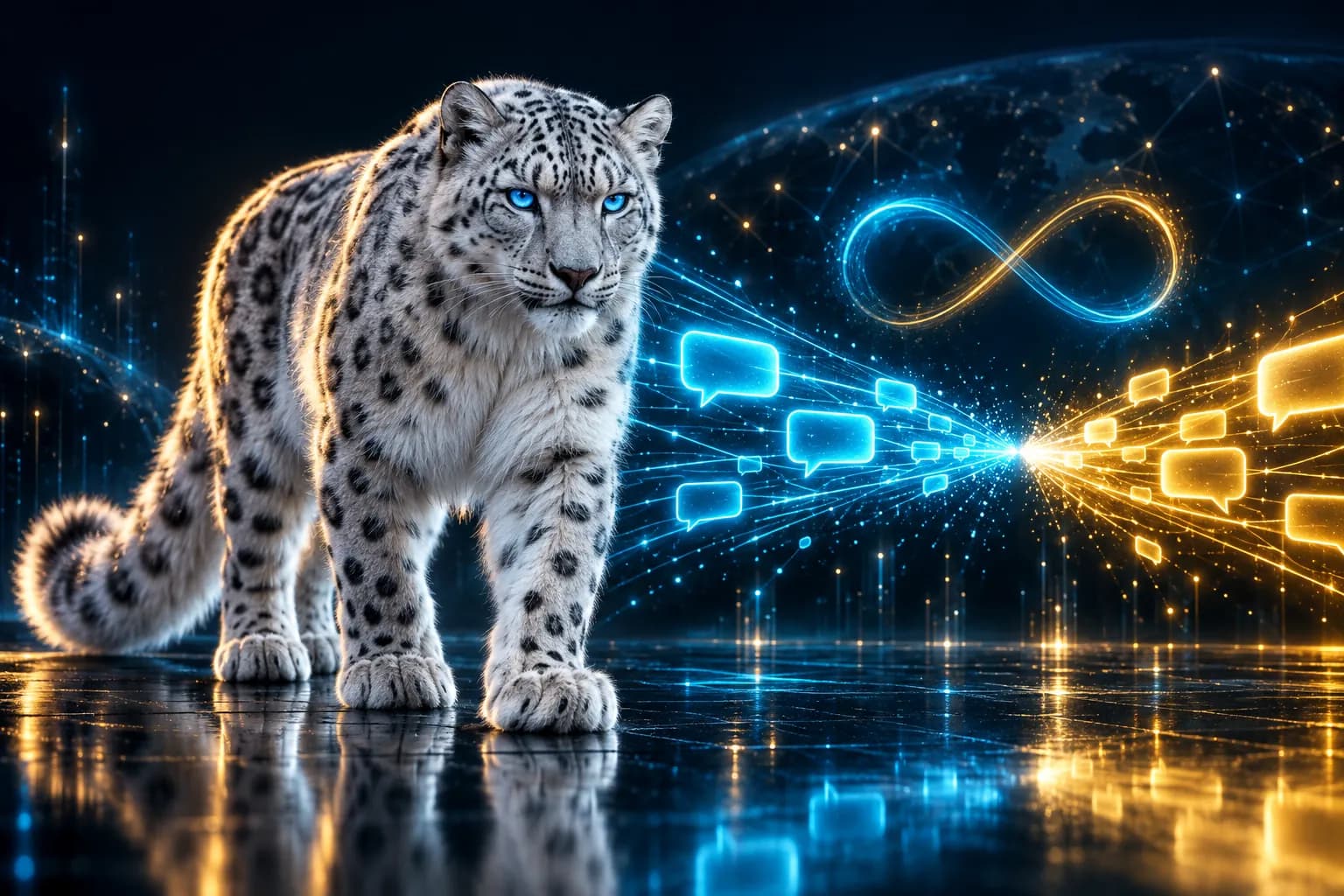 The BroadNet snow leopard between outgoing and incoming message streams meeting in a conversation