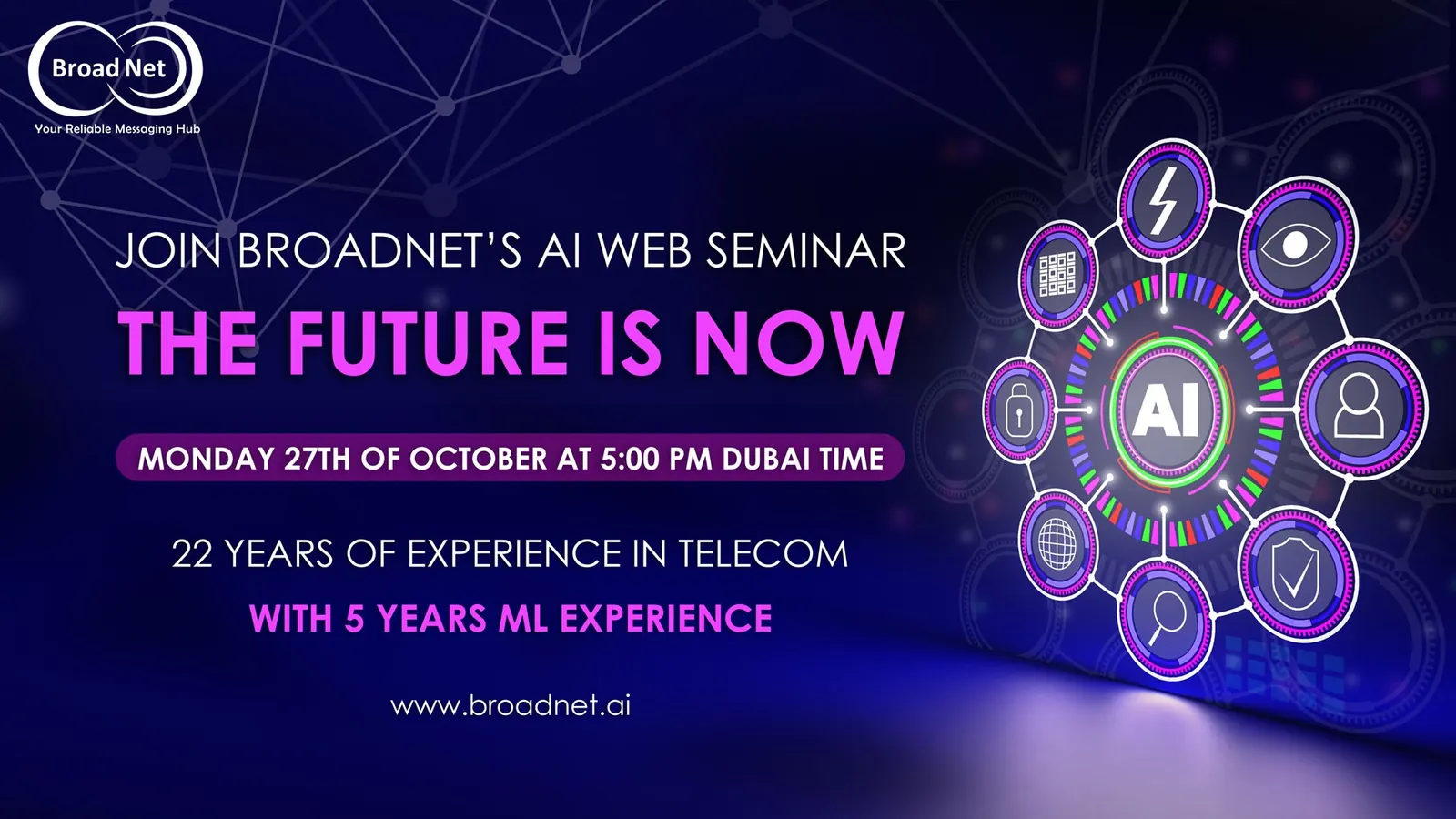 Banner für das BroadNet AI Web-Seminar „The Future Is Now“, 27. Oktober 2025