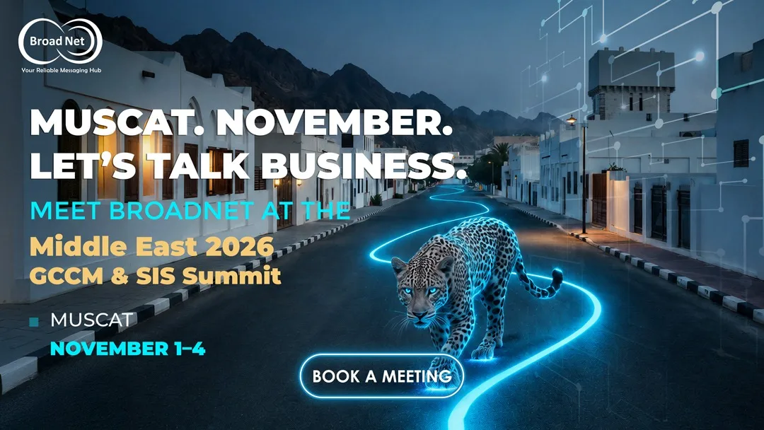 لافتة BroadNet لقمة GCCM و SIS للشرق الأوسط 2026 في مسقط، من 1 إلى 4 نوفمبر 2026