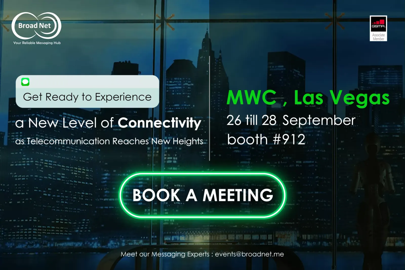 BroadNet banner for MWC Las Vegas, 26–28 September 2023, Booth #912
